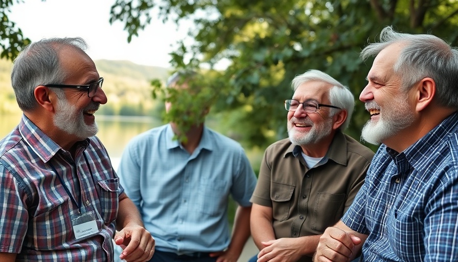 Men enjoying retirement outdoors by a lake
