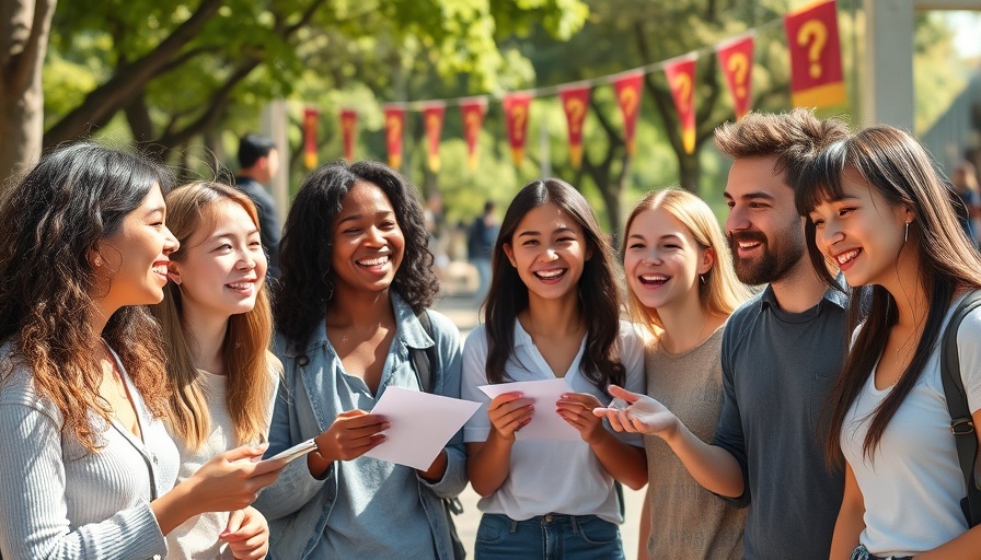 Group of friends playing a 'guess the celebrity smile' game outdoors.