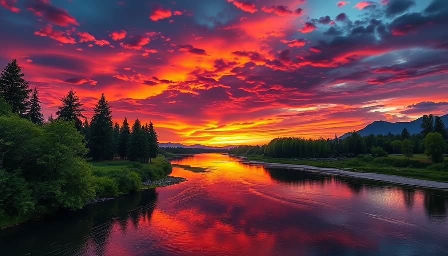 Serene twilight river scene with sunset hues reflecting on the water.