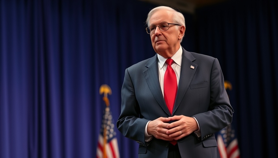Elderly man in a suit walking on stage, blue curtain, flag background.