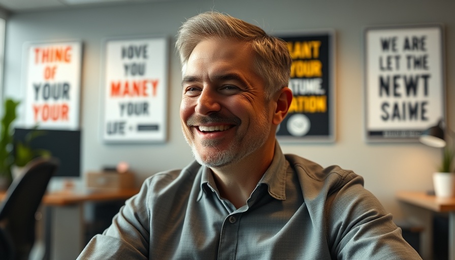 Confident man sitting in office with motivational posters.