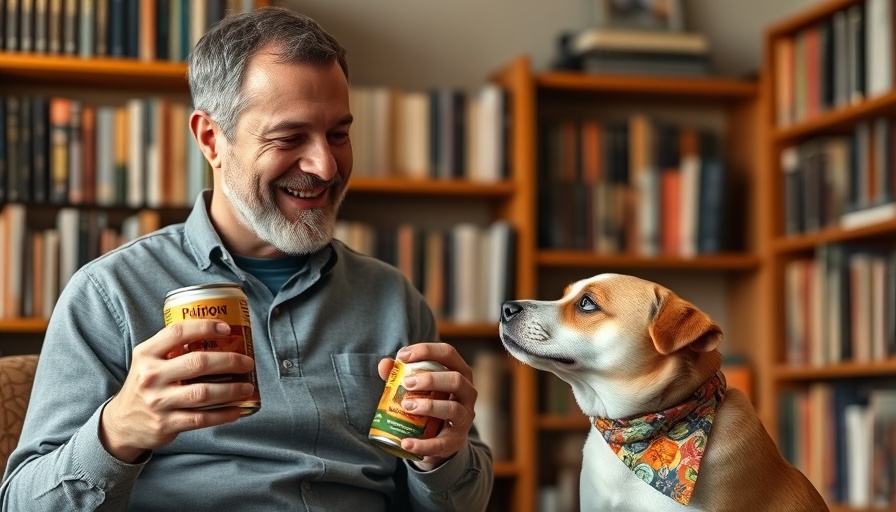 Man showing canned pumpkin for pet health, smiling indoors.