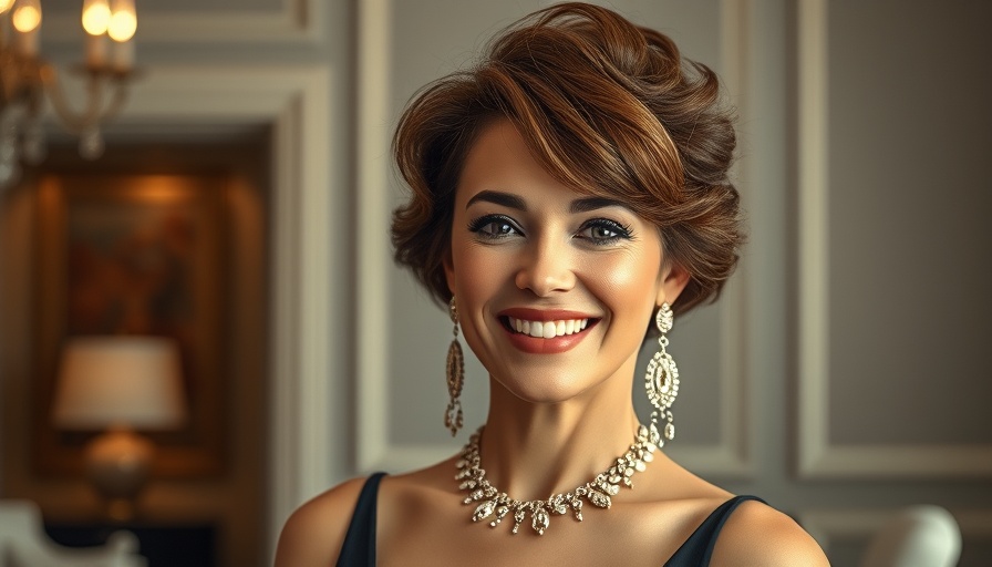 Stylish woman with 80s hairstyle and glamorous jewelry.