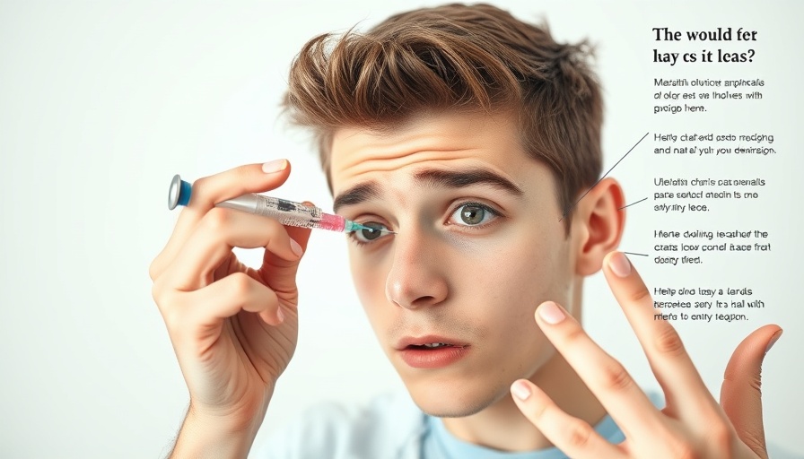 Eye surgery preparation tips, concerned young man gesturing at syringe near eye.