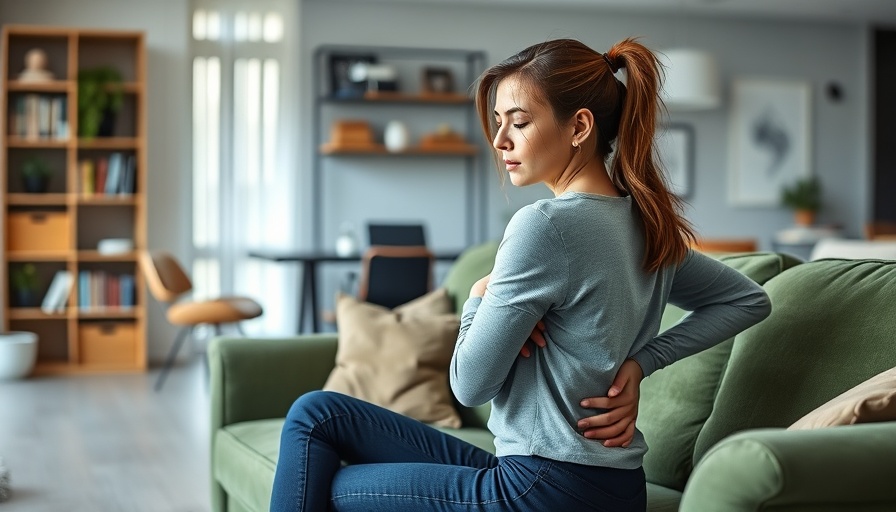 Woman experiencing back pain, breakthrough therapy chronic low back pain relief.