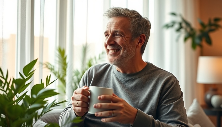 Middle-aged man smiling with coffee indoors, projecting a future of retiring in 2035.