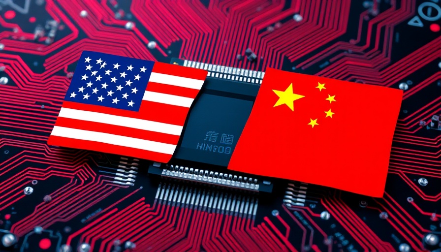 Semiconductor chip with U.S. and Chinese flags, symbolizing tech theft.