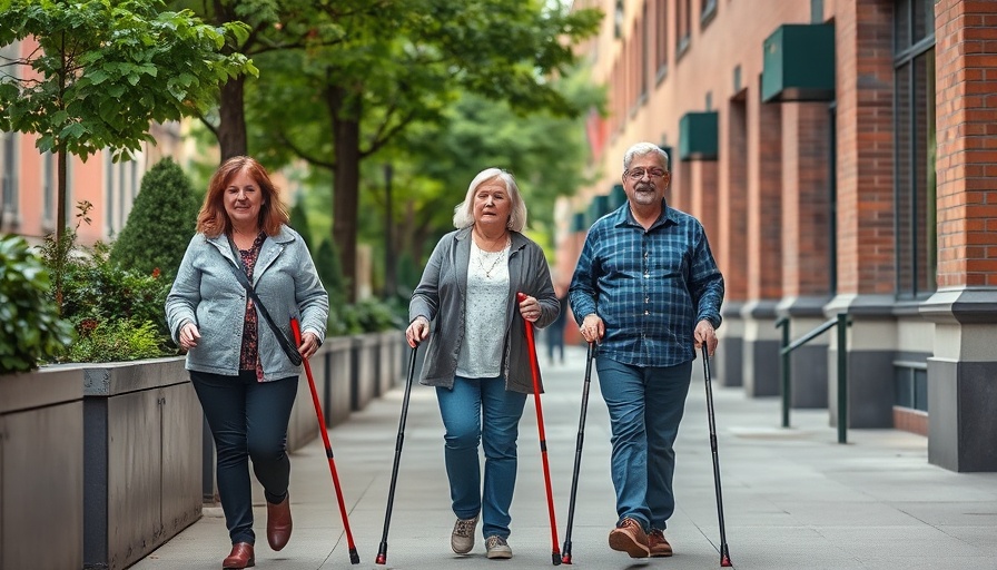 Visually impaired individuals improving cane skills on a city sidewalk.
