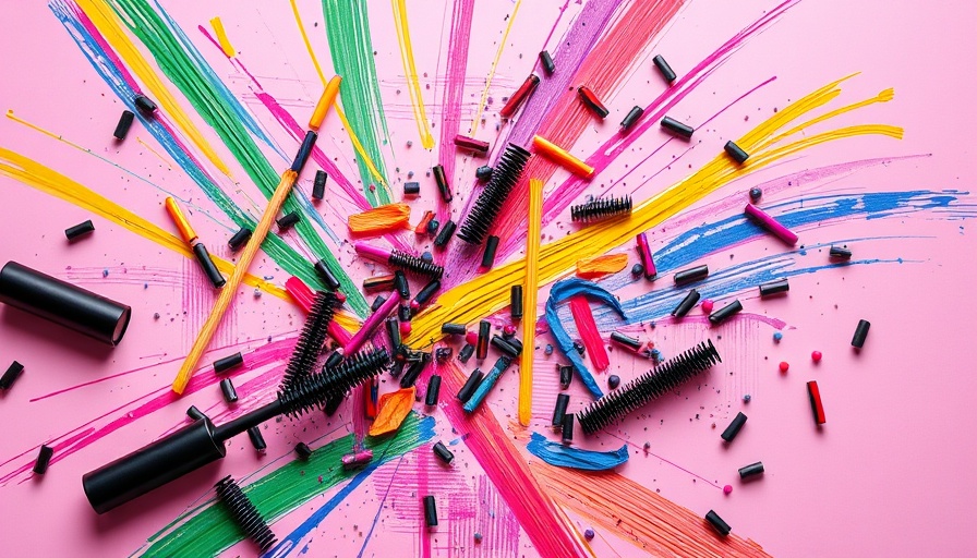 Variety of colorful mascaras on a vibrant pink background.