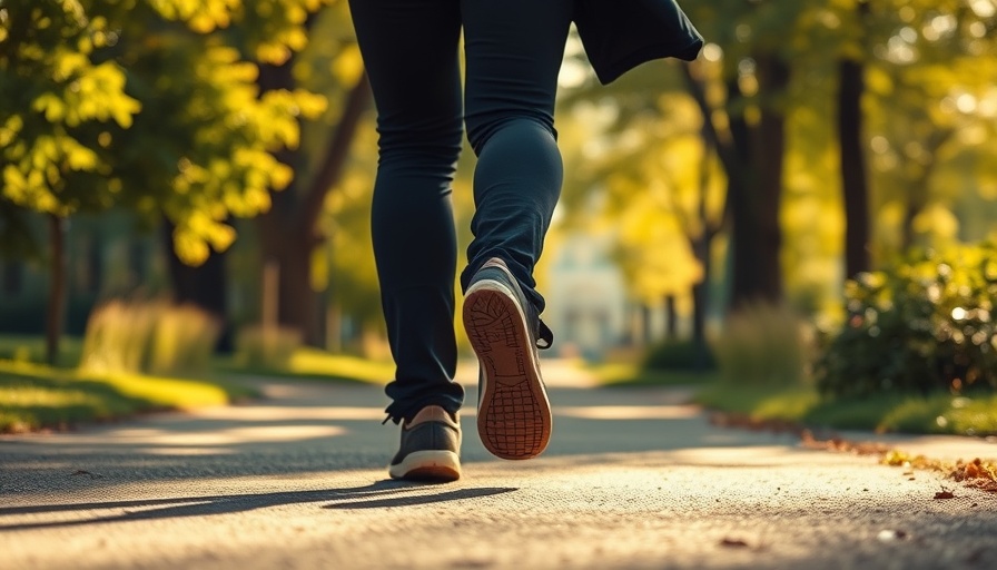 Active walking style to relieve arthritis knee pain in a sunny park.