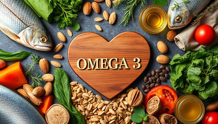 Omega-3 rich foods displayed around a heart-shaped board.