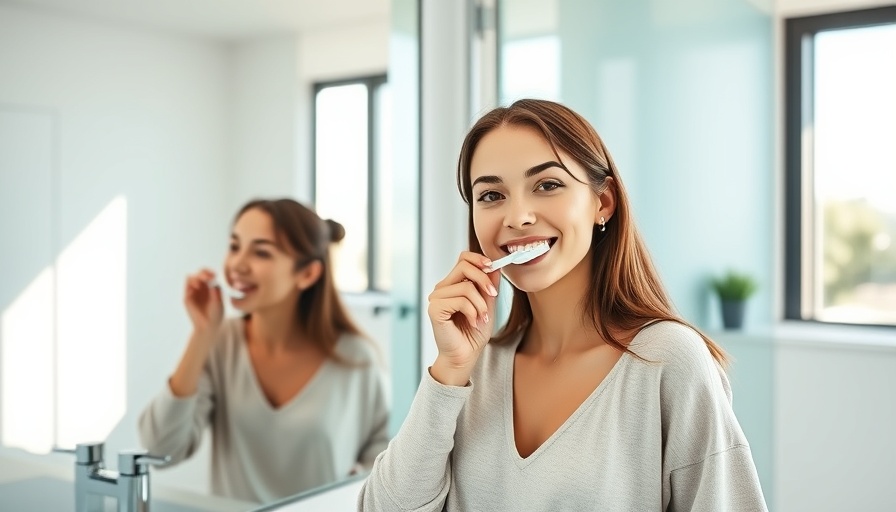 Confident young woman brushing teeth in bright bathroom setting.