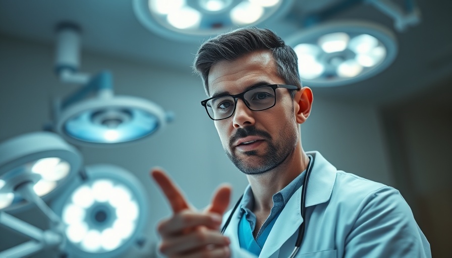 Young doctor discusses electric eye surgery with detailed equipment view.