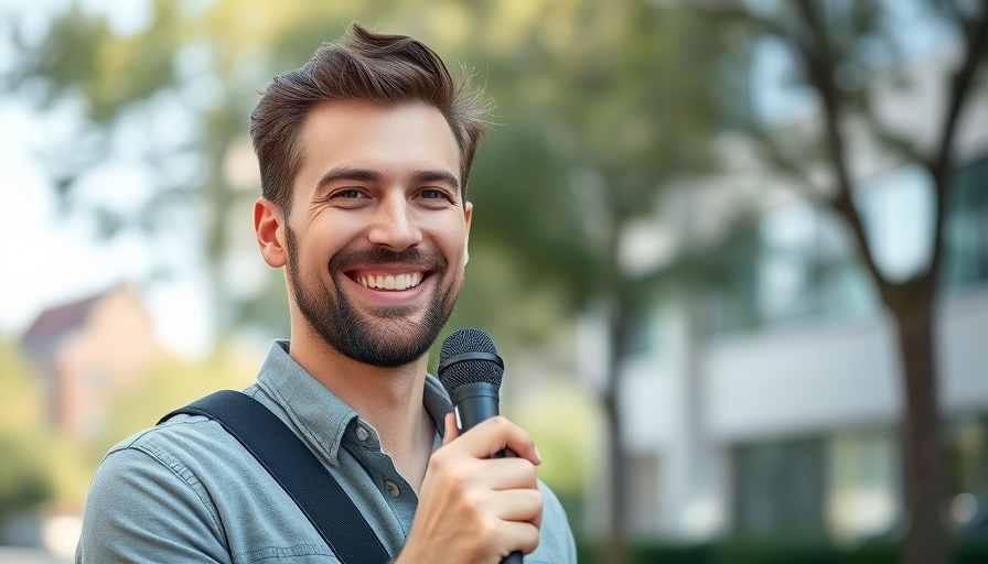Man holding microphone outside, related to dog training tools