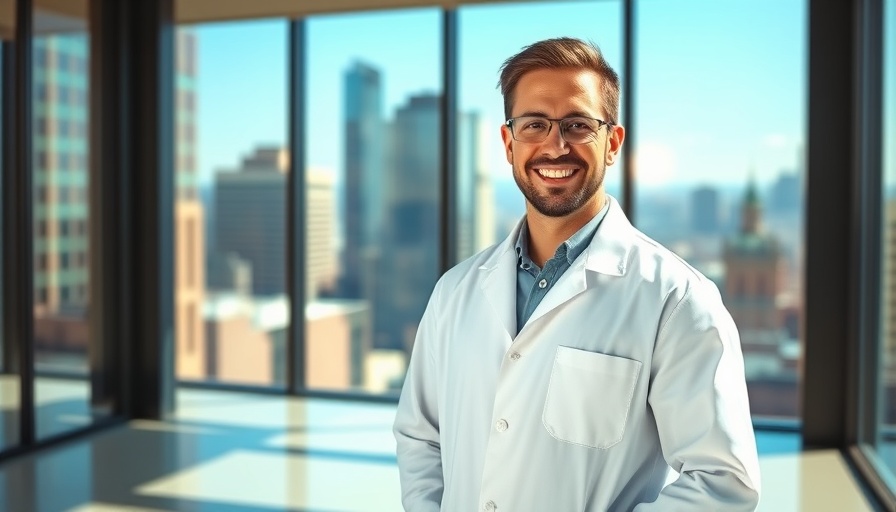Young scientist in modern office with city view, bone stem cell discoveries.