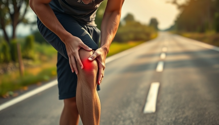 Athletic man with knee pain seeking relief on a rural road.