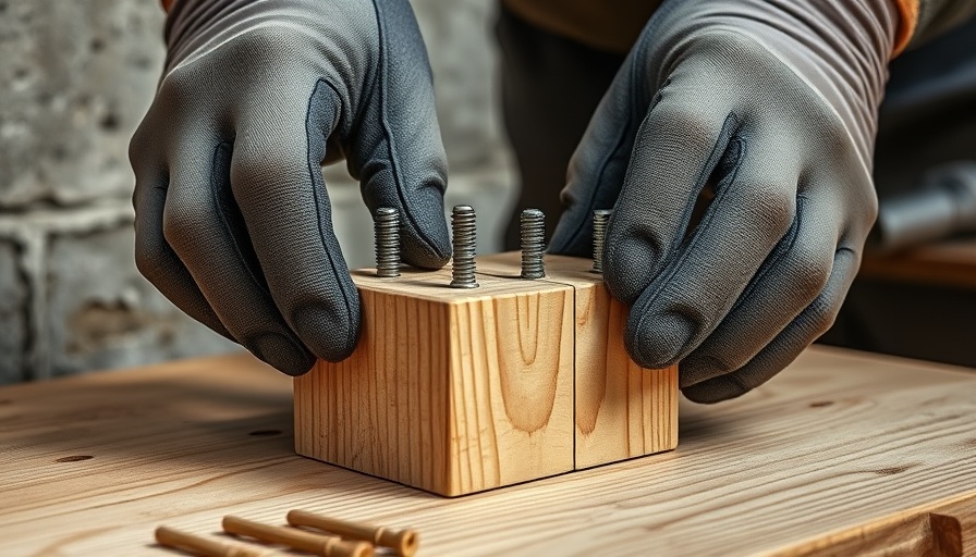 Woodworking tips for perfect angles: gloved hands aligning wood with screws.