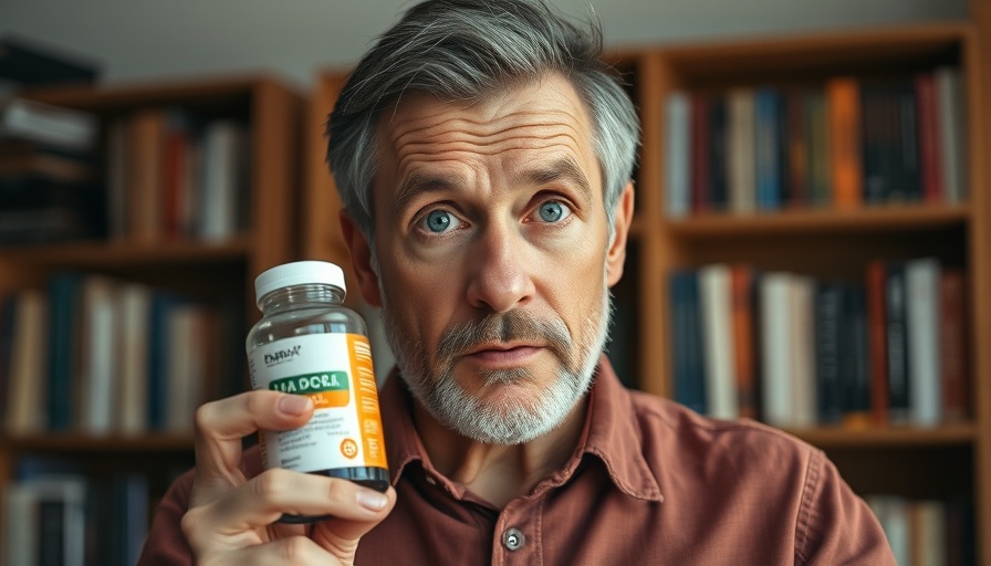 Man questioning pet supplements while holding a bottle, indoor setting.
