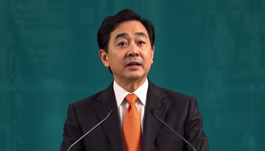 Japanese man in suit delivering speech, teal background