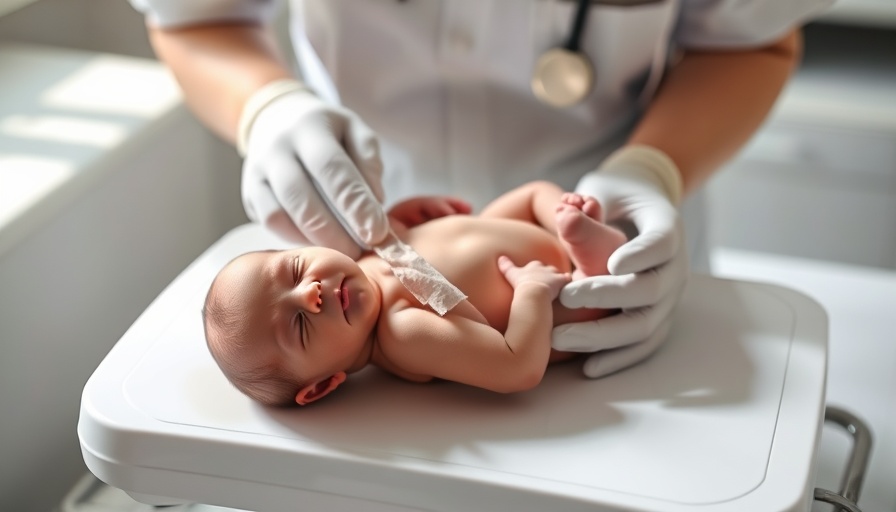 Healthcare professional examines newborn on scale for APGAR score.