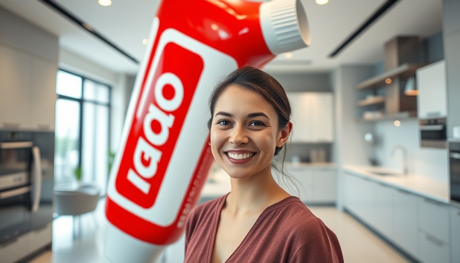 Modern kitchen with giant toothpaste tube sculpture, chocolate toothpaste.