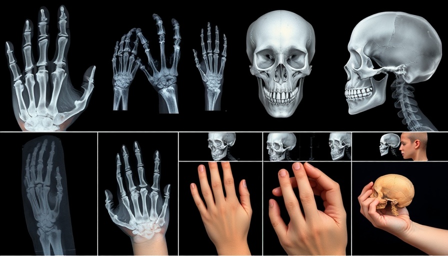 X-ray and clinical images depicting hand and skull bone development.