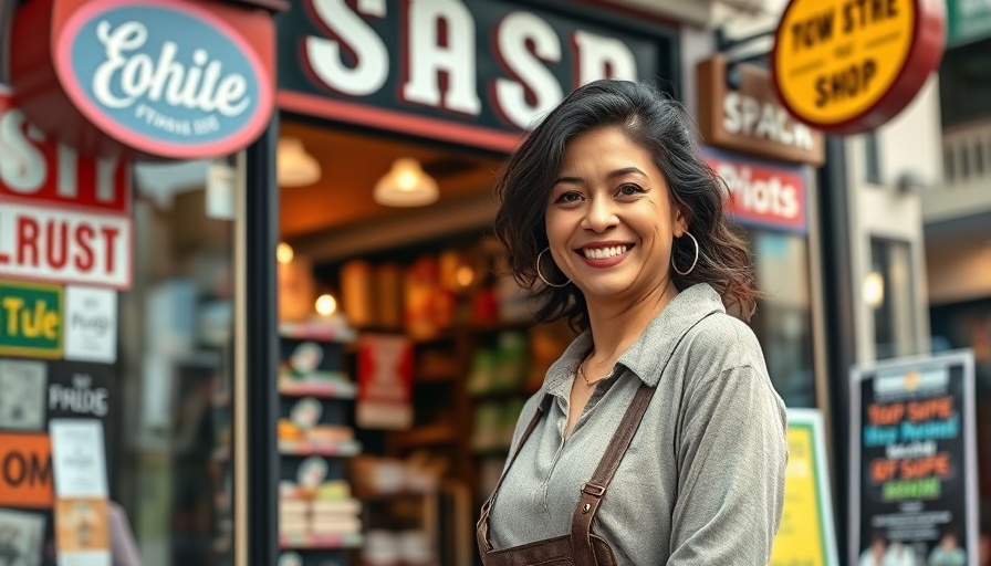 Confident shop owner in vibrant street, promoting small businesses positive tariffs.