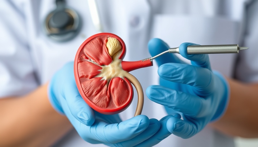 Model kidney being examined in clinical setting for ostomy-related AKI.