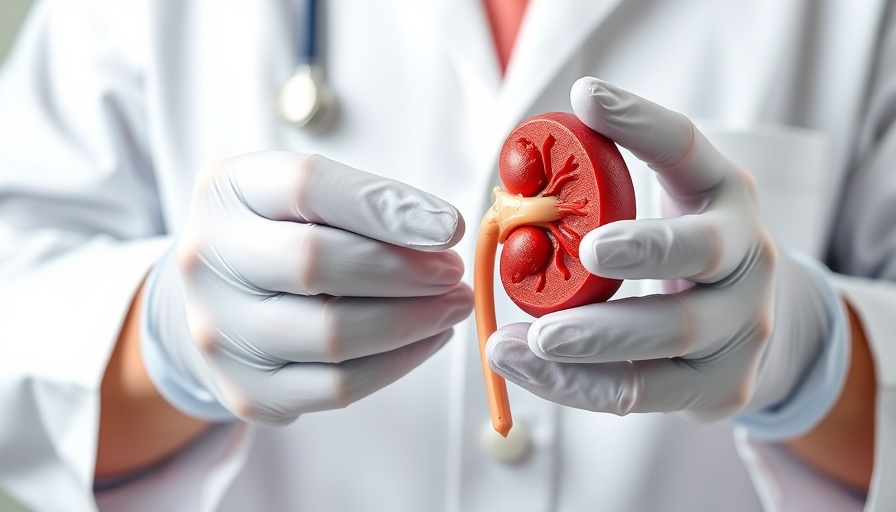 Detailed kidney model held by gloved hands, illustrating medical concept related to ostomy-related AKI.