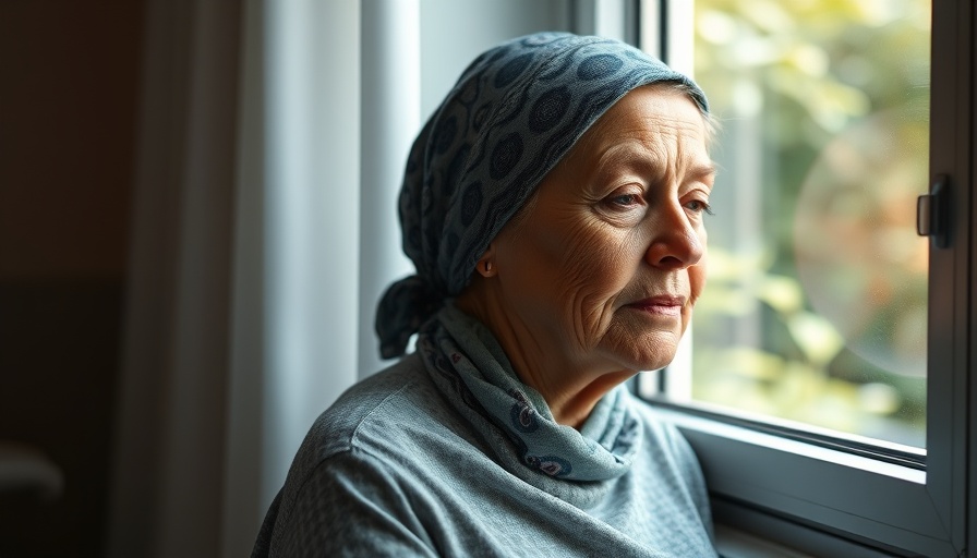 Cancer patient gazes out window in hospital setting.