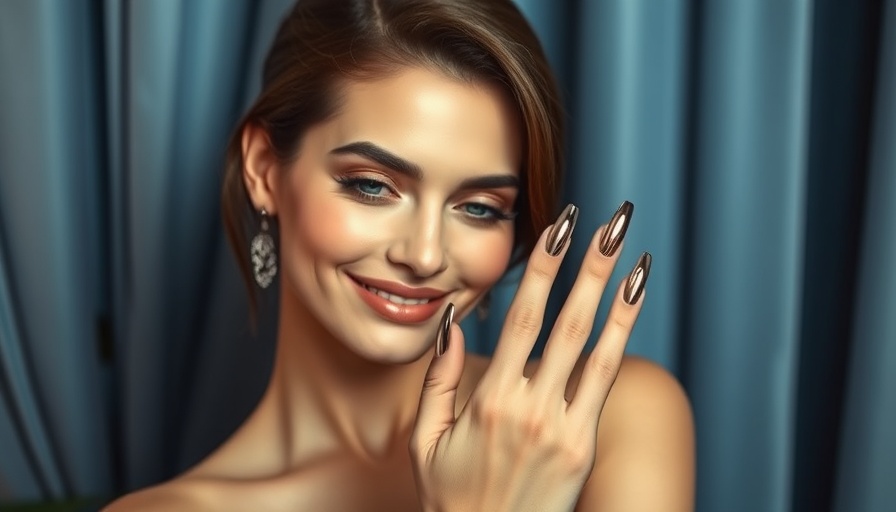 Elegant woman smiling, polished chrome dagger nails.