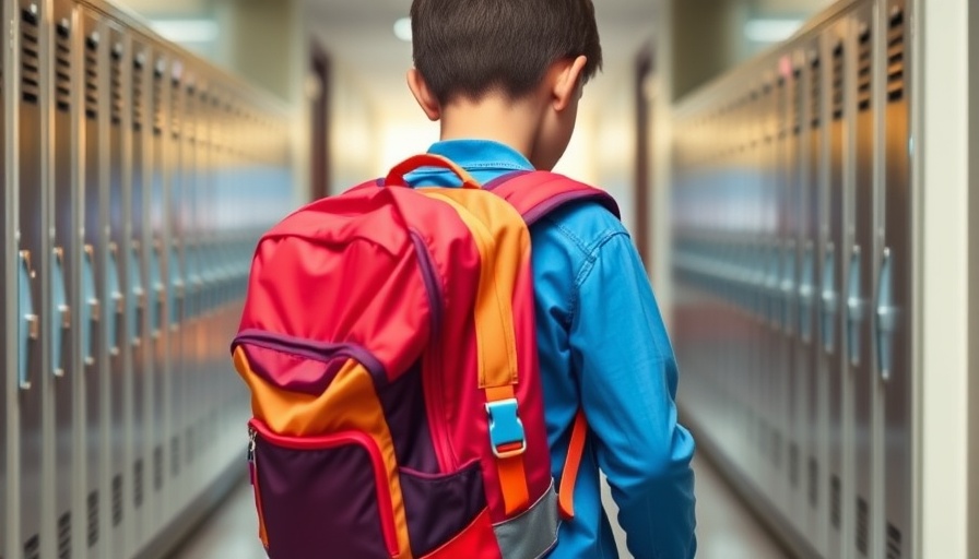 Student carrying heavy backpack in school hallway.