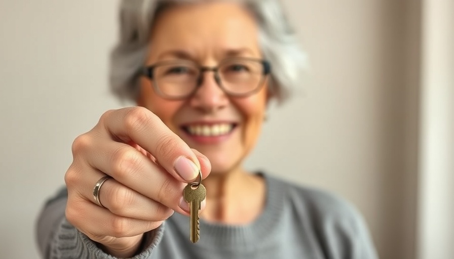Senior woman smiling while holding a key, symbolizing affordable housing for seniors.