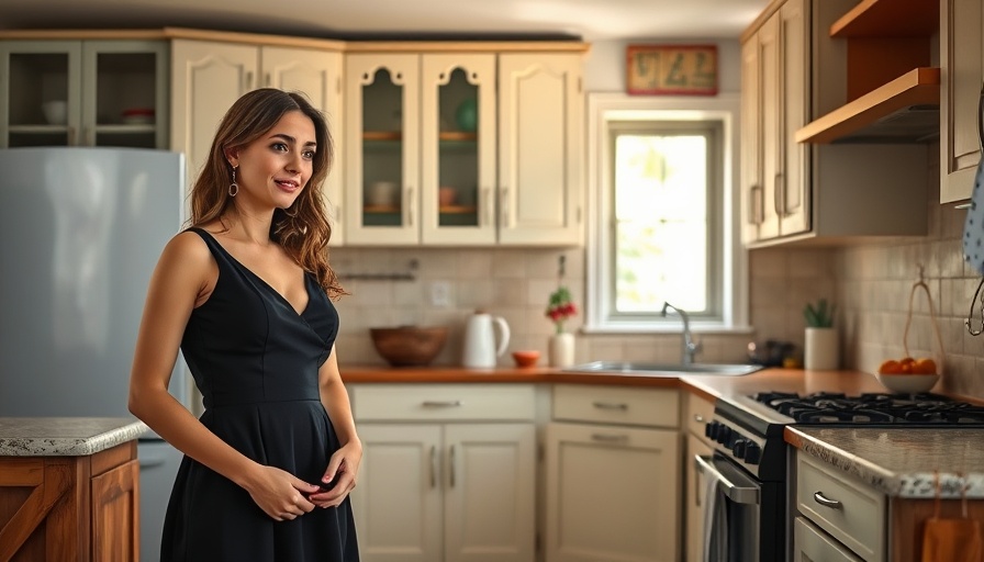 Young woman planning a kitchen renovation in an old kitchen.
