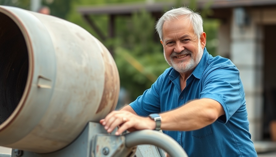 Man using a concrete mixer for a pad, outdoors.
