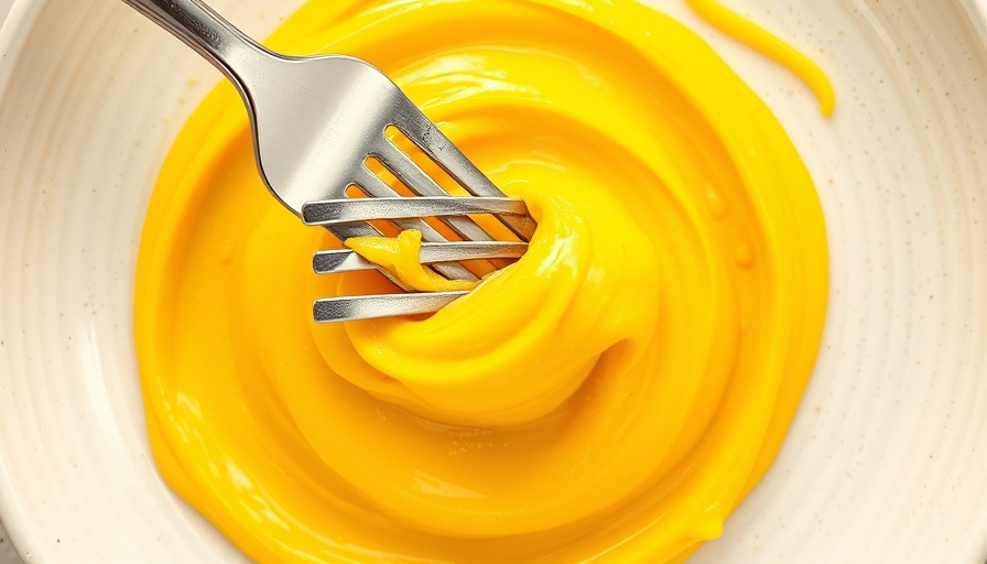 Vibrant yellow spread with fork swirls, overhead shot, healthy alternatives for sweet cravings.
