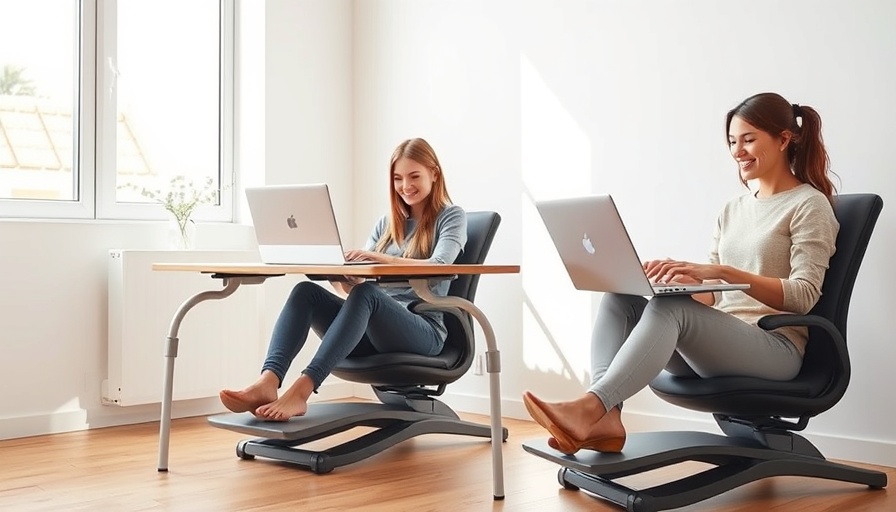 Women using ergonomic footrest for desk in modern workspace.