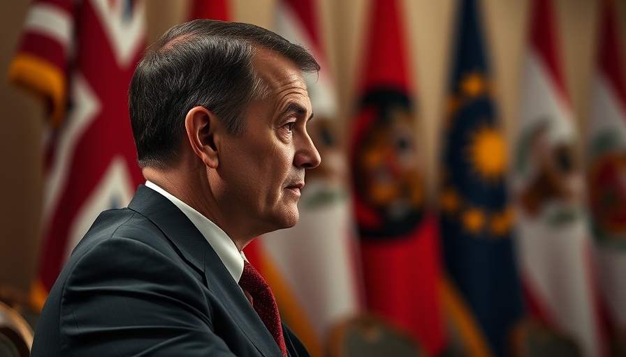 Solemn man amid flags, highlighting legal challenge theme.