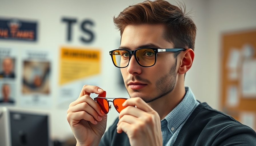 Do blue light glasses work: man examining goggles in office.