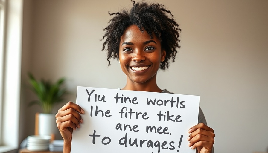 Confident woman overcoming helplessness with a motivational sign.