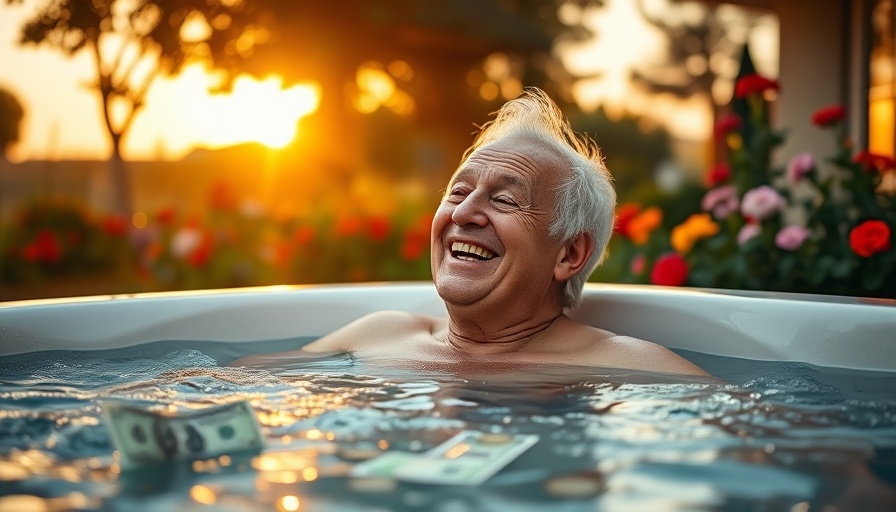 Elderly man relaxing in a hot tub with money at sunset, representing financial prosperity.