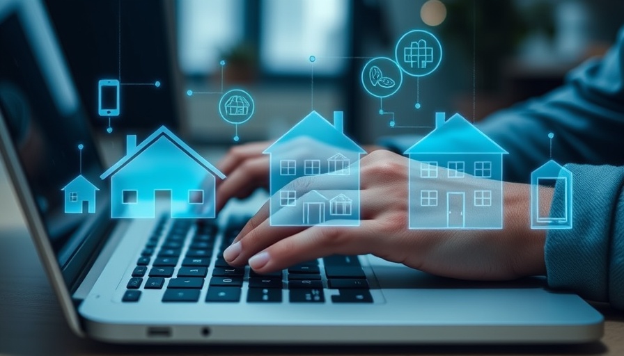 Close-up of hands typing on laptop with housing icons, mortgage lending trends.