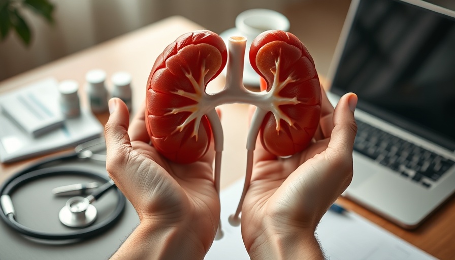 Kidney model held with medical items, representing health risks.