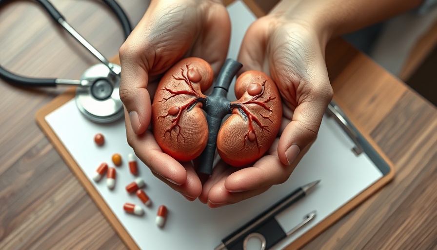 Hands holding kidney model with medical items, symbolizing kidney health.
