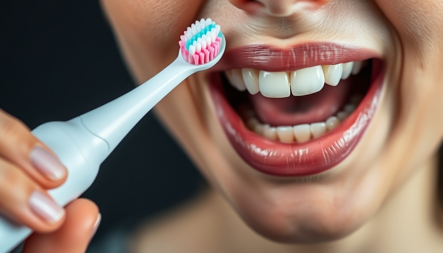 Close-up of electric toothbrush in action on teeth, showcasing dental hygiene.