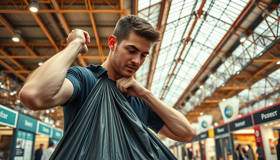 Young man at exhibition demonstrating roofing tips strength.