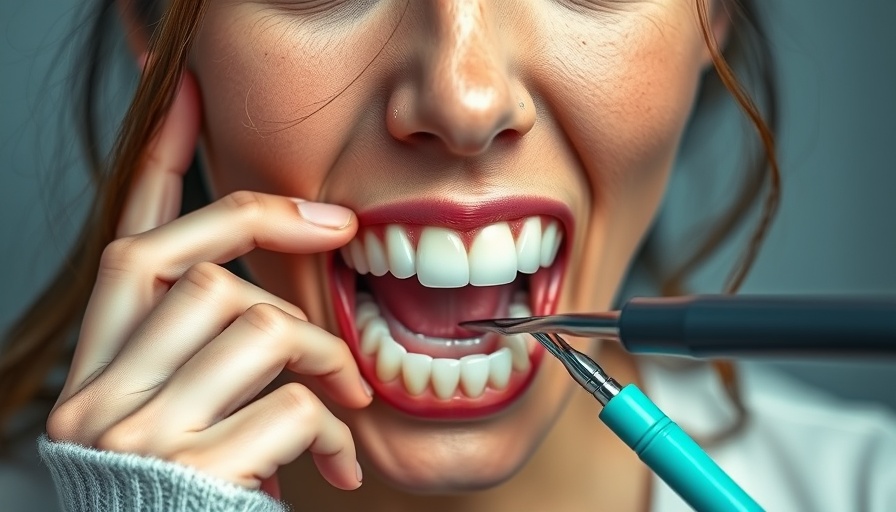 Concerned woman examining bad breath causes with teeth model, vibrant and detailed.