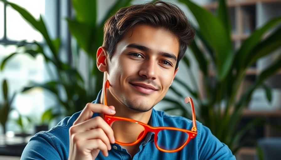 Young man holding orange-tinted blue light glasses indoors