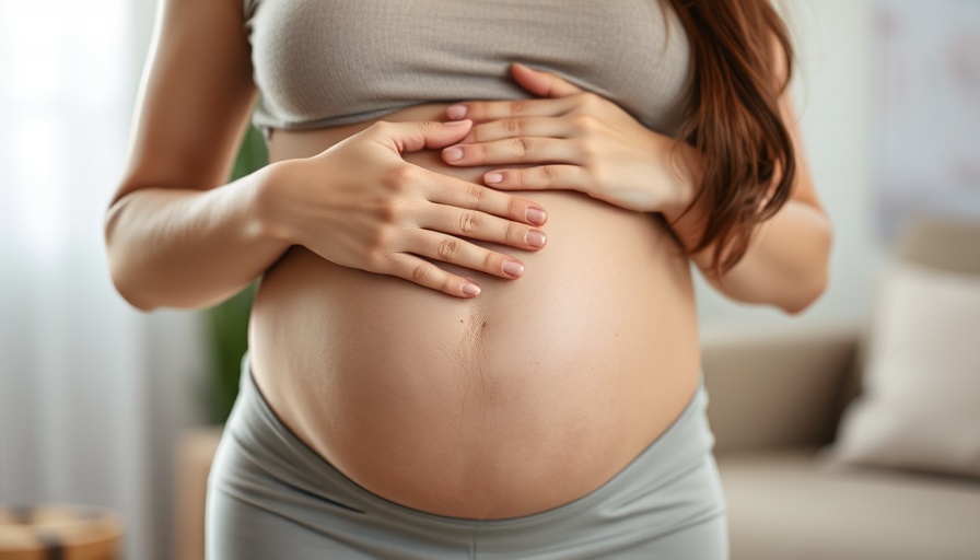 Pregnant woman gently holding belly, serene home setting.