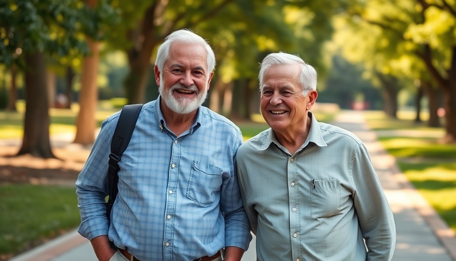 Two men walking in a park tied to less back pain, promoting health.